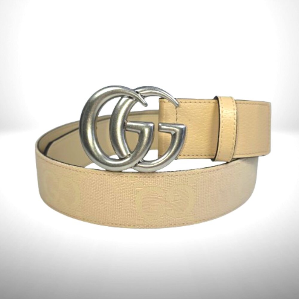 Gucci GG Canvas Double G Belt (Beige/Tan) Silver Buckle | Size 80/32